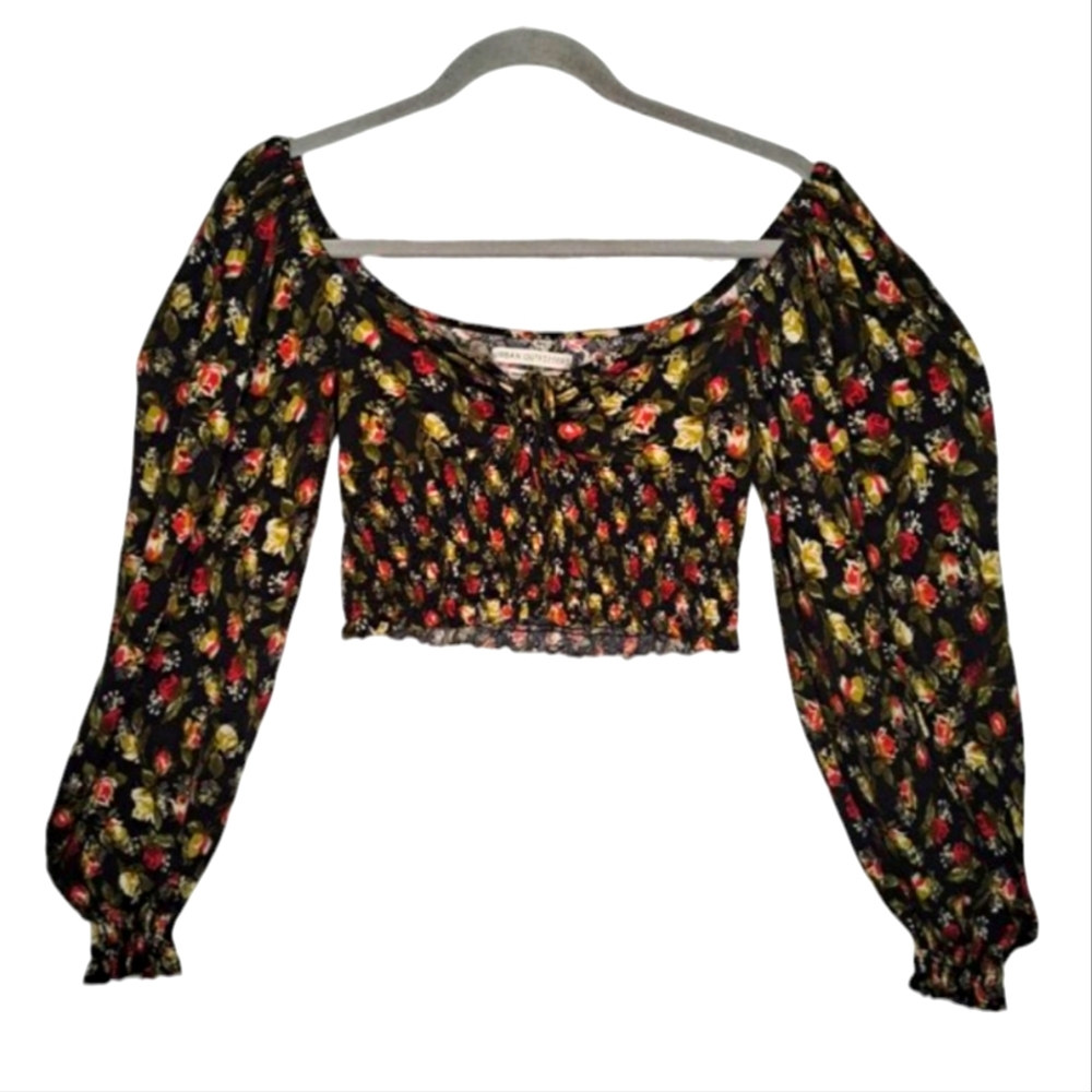 Urban Outfitters Black Floral Peasant BoHo Long Sleeve Crop Top Size Large